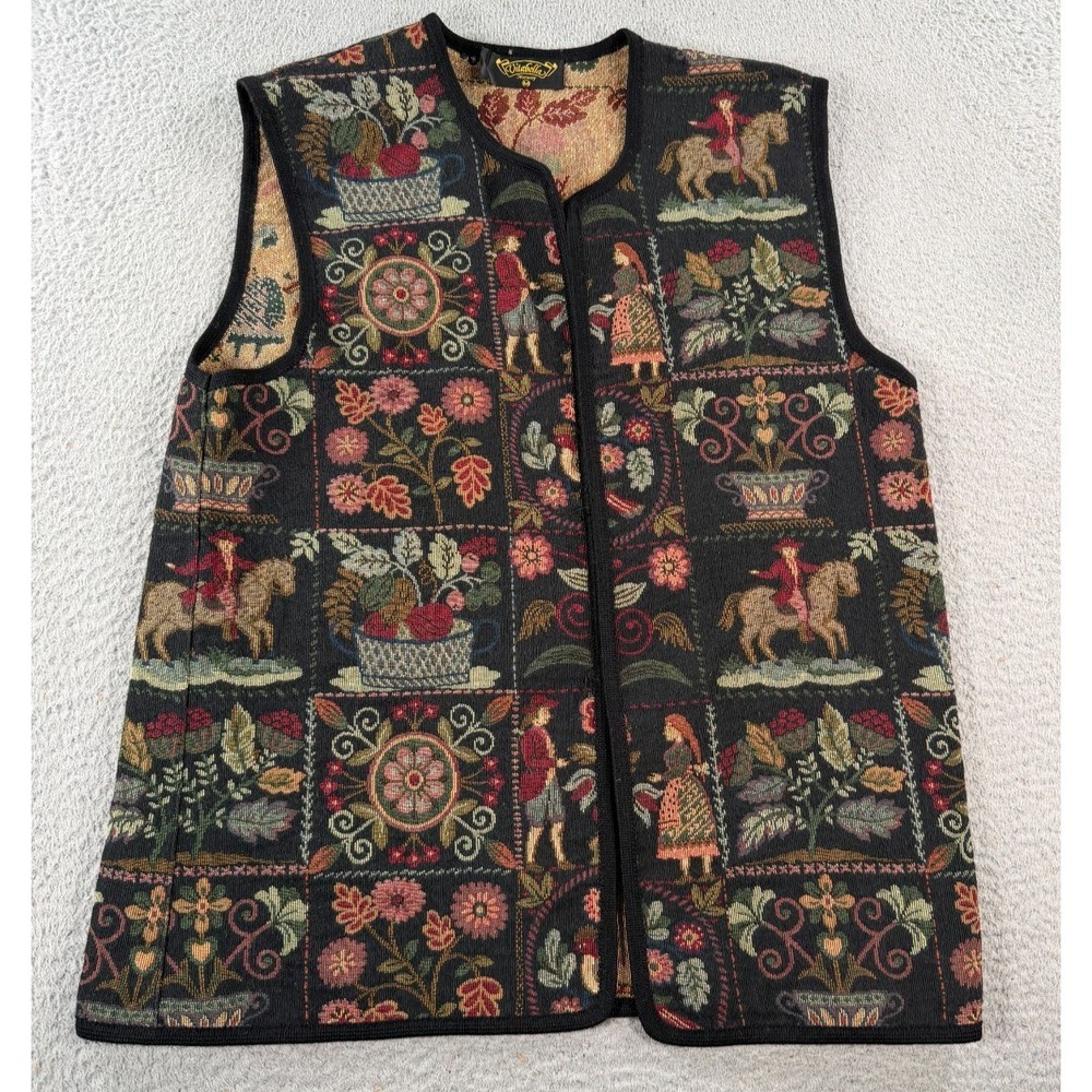 Vintage Vitabella Tapestry Vest Womens Medium Black Folk Art Norsk Grandpacore